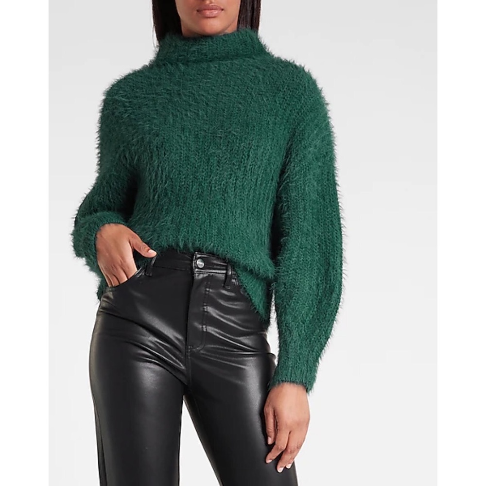 Express Fuzzy Chenille Mock Turtleneck Cozy Knit Textured Dolman Sleeve Sweater - Picture 4 of 12